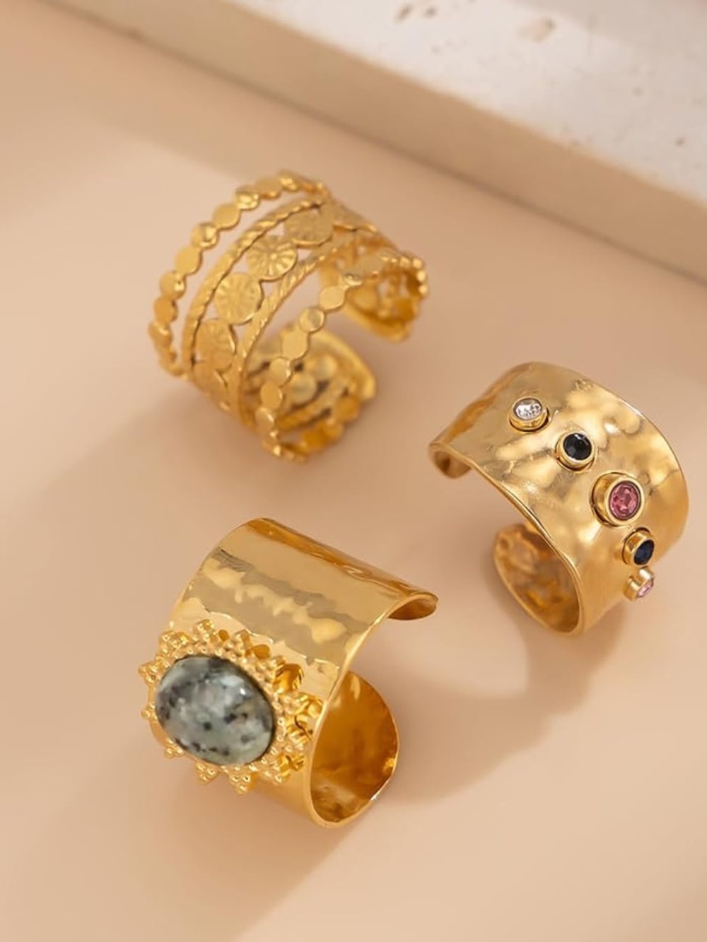 Anthropologie Gold Tone Mixed Stone Wide Band Ring Set - Picture 3 of 6